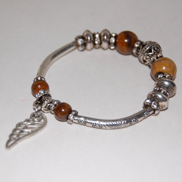 Angel Wings Bracelet,Tiger Eye Bracelet,Dangling Charm Bracelet,Silver and Stone - Picture 2 of 3